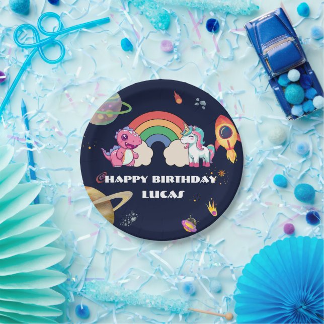 Plato De Papel Fiesta de cumpleaños de la galaxia de dinosaurios  (Fiesta)
