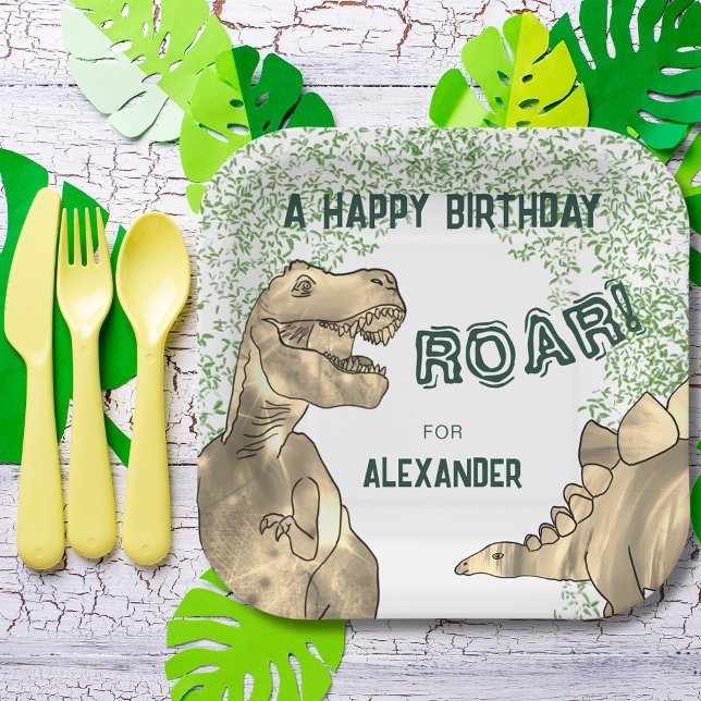 Plato De Papel Fiesta de cumpleaños de la jungla de dinosaurios T (A happy birthday roar t-rex and stegosaurus dinosaur jungle party personalized paper plate add name)