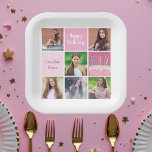 Plato De Papel Fiesta de cumpleaños de la Personalizado de Collag<br><div class="desc">Platos de papel de la fiesta de cumpleaños de las personalizados bonitos con un collage de 6 plantillas de fotos de una mujer joven o chica adolescente con su nombre en las lindas plazas rosas junto a una hermosa torta de cumpleaños. Decoración personalizada de cumpleaños feliz.</div>