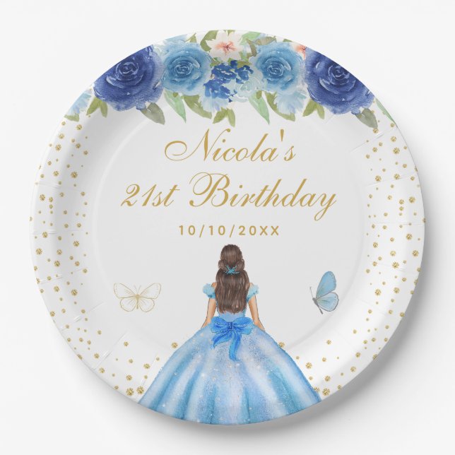 Plato De Papel Fiesta de Cumpleaños de la Princesa de Cabello Mor (Anverso)