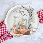 Plato De Papel Fiesta de cumpleaños de los animales de los bosque<br><div class="desc">Plantilla de planchas personalizadas de nombres de animales de los bosques de pino de oso de peluche de peluche de peluche de juguete. Un tema fiesta para los niños que juegan al aire libre.</div>