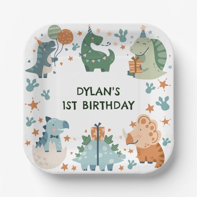 Plato De Papel Fiesta de cumpleaños de los dinosaurios de los niñ (Anverso)
