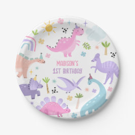 Plato De Papel Fiesta de cumpleaños de los dinosaurios rosados
