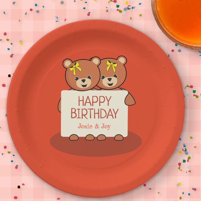 Plato De Papel Fiesta de cumpleaños de los gemelos o hermanos Ted (Teddy Bear Twins Birthday Party Plate)