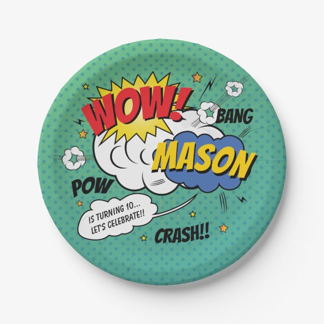 Plato De Papel Fiesta de cumpleaños de los superhéroes y villanos (Anverso)