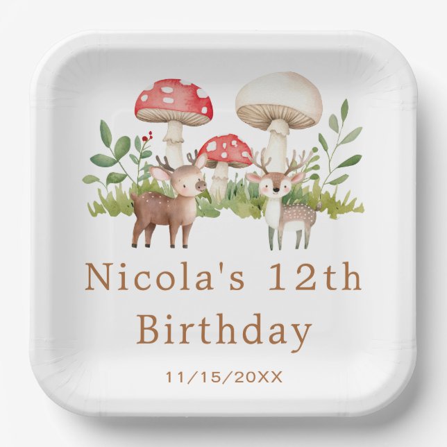 Plato De Papel Fiesta de cumpleaños de los venados de Woodland (Anverso)