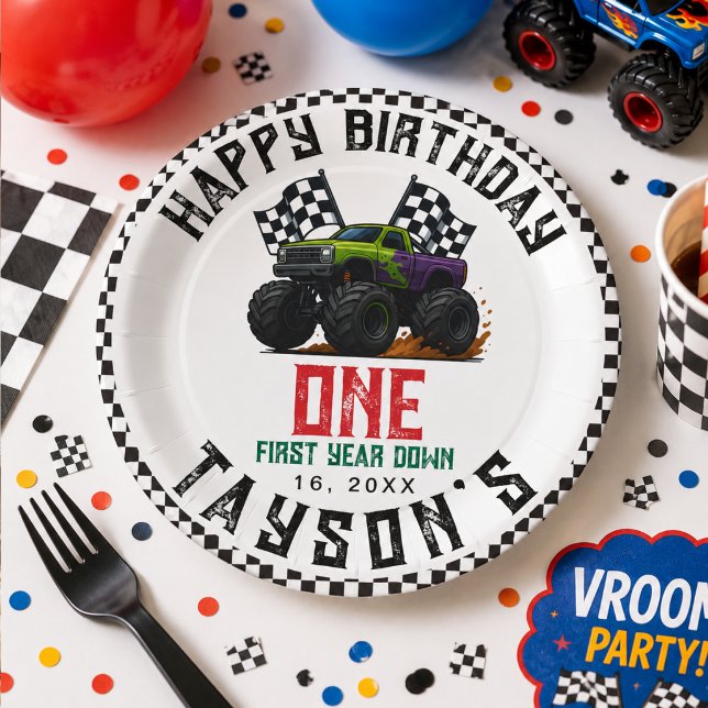 Plato De Papel Fiesta de cumpleaños de Monster Trucks con Vroom (Monster Trucks 1st Birthday Vroom Party Paper Plates
)