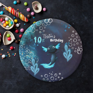 Plato De Papel Fiesta de cumpleaños de Neon Axolotl azul oscuro