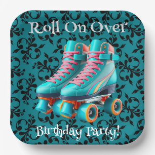 Plato De Papel Fiesta de cumpleaños de Neon Rollerskate verde azu