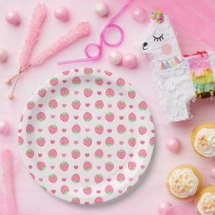 Plato De Papel Fiesta de Cumpleaños de Niña Fresa Rosa Adorable 