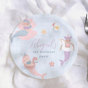 Plato De Papel Fiesta de cumpleaños de niña sirena en la piscina