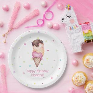Plato De Papel Fiesta de Cumpleaños de Niñas Helado Rosa