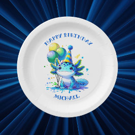 Plato De Papel Fiesta de cumpleaños de niño Axolotl azul y verde