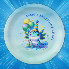 Plato De Papel Fiesta de cumpleaños de niño Axolotl azul y verde