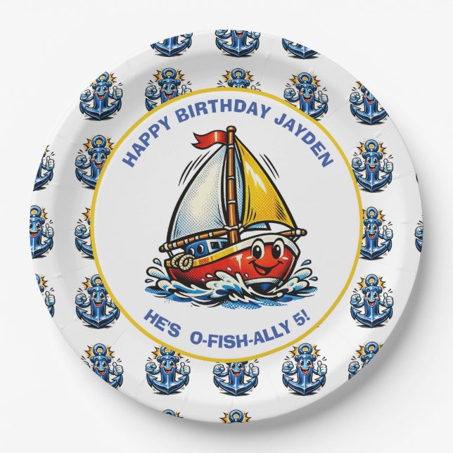 Plato De Papel Fiesta de cumpleaños de niño con tema de barco de  (Anverso)