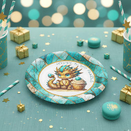 Plato De Papel Fiesta de cumpleaños de niño dragón Verde azulado