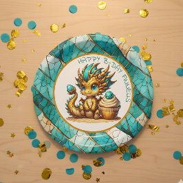 Plato De Papel Fiesta de cumpleaños de niño dragón Verde azulado