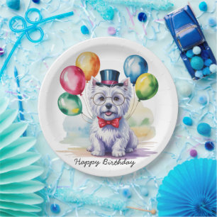 Plato De Papel Fiesta de Cumpleaños de Niños Westie con Acuarela