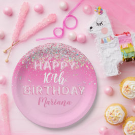 Plato De Papel Fiesta de cumpleaños de Ombre en globo rosa