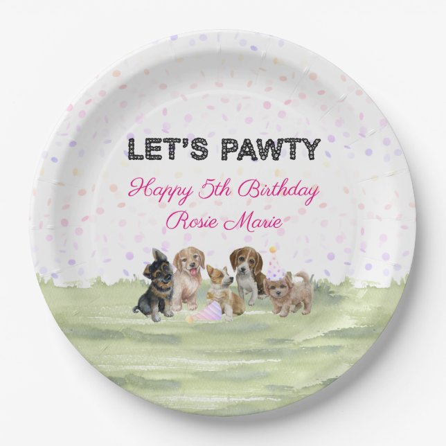 Plato De Papel Fiesta de Cumpleaños de Perrito Rosa Personalizada (Anverso)