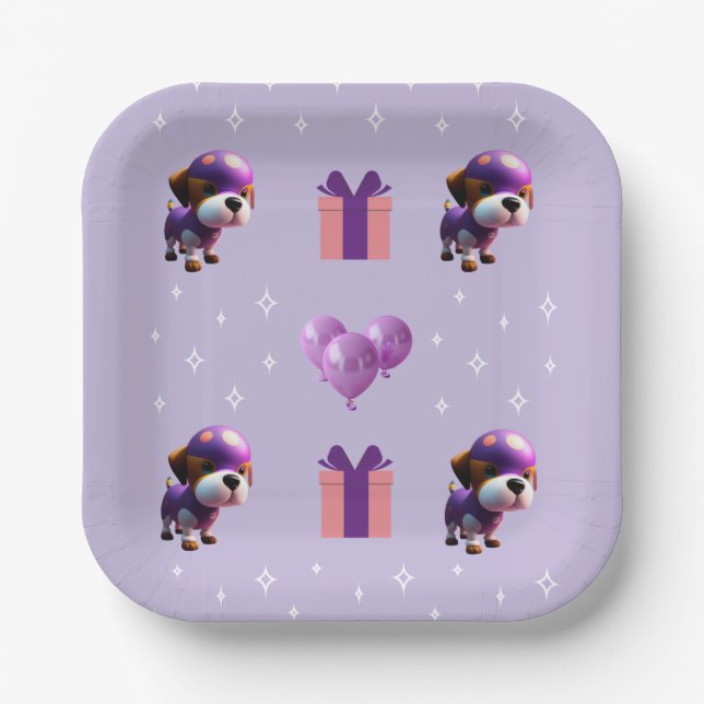 Plato De Papel Fiesta de cumpleaños de perros adorables y adorabl (Anverso)