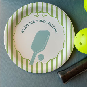 Plato De Papel Fiesta de cumpleaños de Pickleball con rayas verde