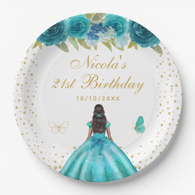 Plato De Papel Fiesta de Cumpleaños de Princesa de Piel Oscura co (Anverso)