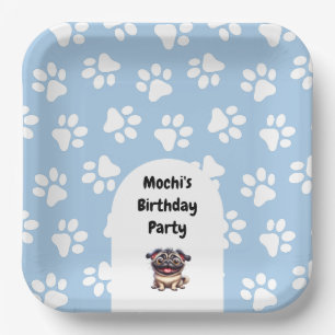 Plato De Papel Fiesta de cumpleaños de Pug, Mascota Azul Cuto