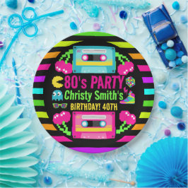 Plato De Papel Fiesta de cumpleaños de Retro Neon 80