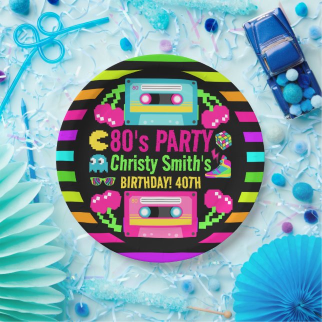 Plato De Papel Fiesta de cumpleaños de Retro Neon 80 (Fiesta)