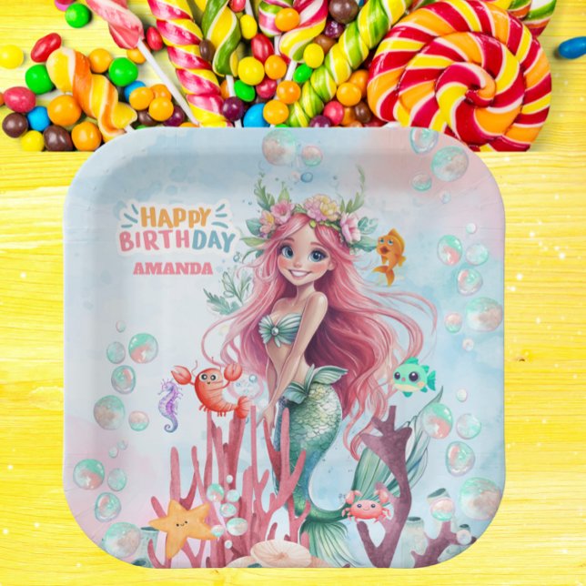 Plato De Papel Fiesta de cumpleaños de sirena azul y rosa persona (Personalized Watercolor Mermaid Party Paper Plates – Pink & Blue Under the Sea Birthday Decor)