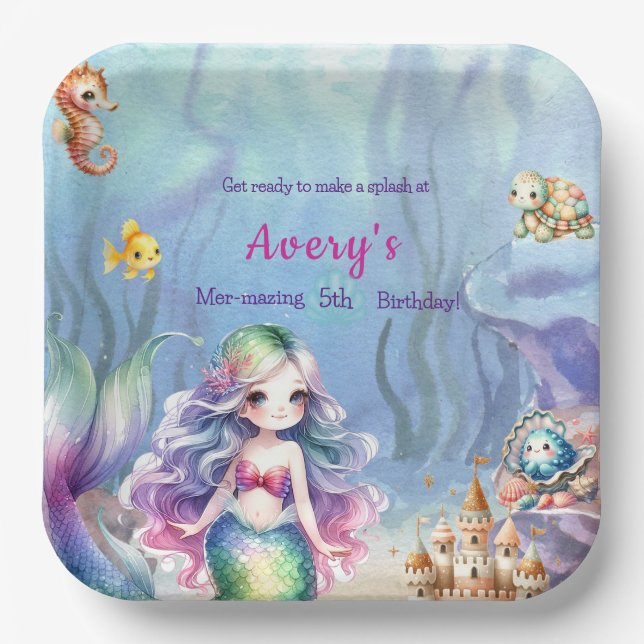 Plato De Papel Fiesta de cumpleaños de Sirena Bajo el Mar Splash (Anverso)