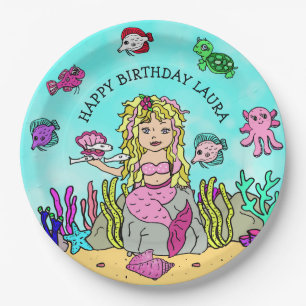 Plato De Papel Fiesta de Cumpleaños de Sirena Rubia Personalizada