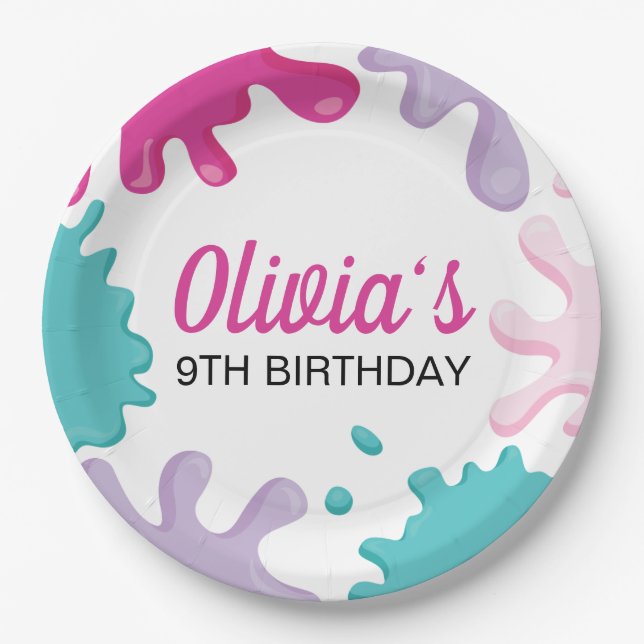 Plato De Papel Fiesta de cumpleaños de Slime rosado (Anverso)