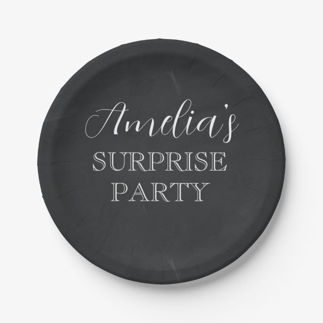 Plato De Papel Fiesta de cumpleaños de sorpresa negra y blanca (Anverso)