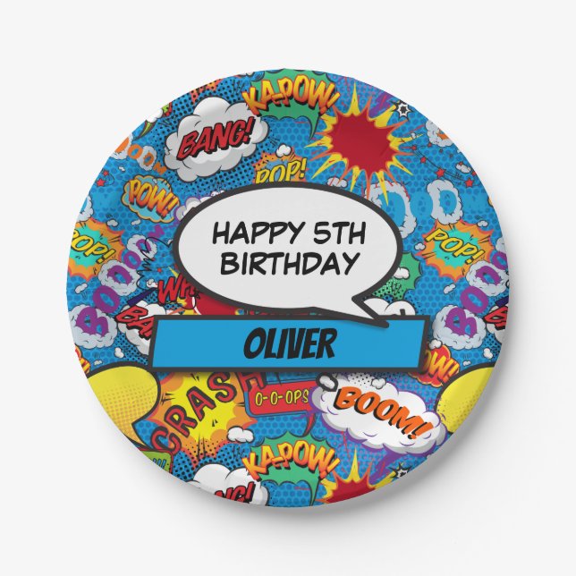 Plato De Papel Fiesta de cumpleaños de superhéroe de cómic azul (Anverso)