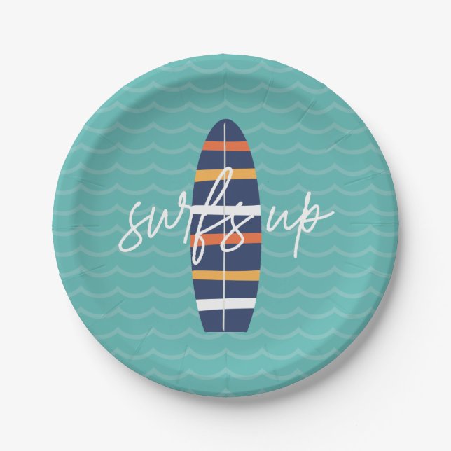 Plato De Papel Fiesta de cumpleaños de surfboard y olas Surfs Up (Anverso)