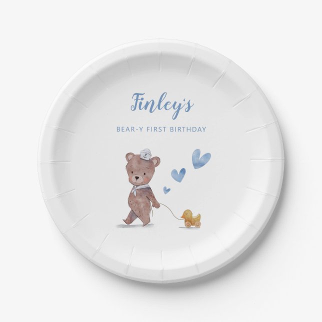Plato De Papel Fiesta de cumpleaños de Teddy Bear Boy (Anverso)