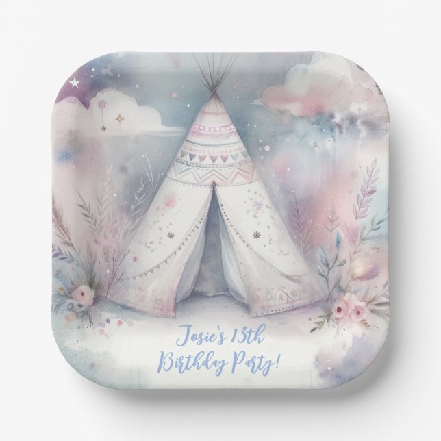 Plato De Papel Fiesta de cumpleaños de Teepee Sleepover, encantad (Anverso)