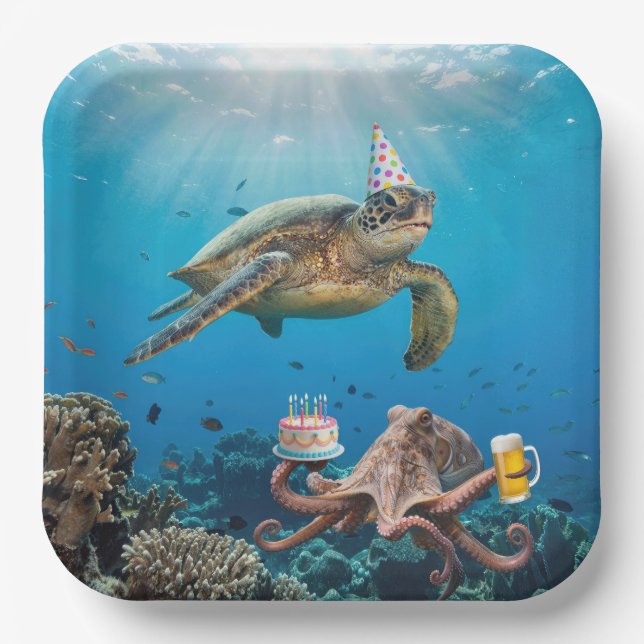 Plato De Papel Fiesta de cumpleaños de tortuga marina con pulpo (Anverso)