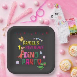 Plato De Papel fiesta de cumpleaños de un niño de dinosaurio chin