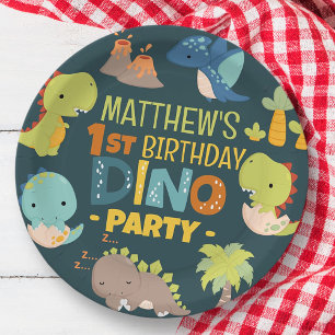 Plato De Papel Fiesta de cumpleaños de un niño de dinosaurio chin