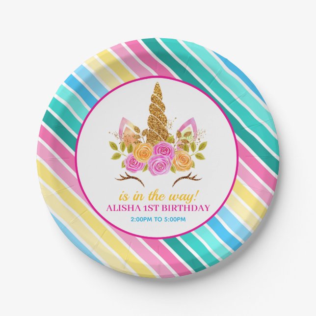 Plato De Papel Fiesta de Cumpleaños de Unicornio (Anverso)