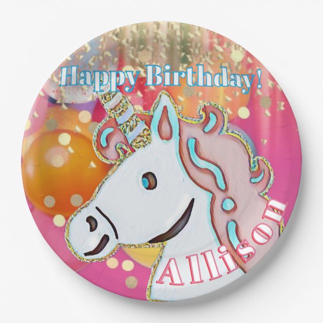 Plato De Papel Fiesta de Cumpleaños de Unicornio  (Anverso)