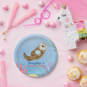 Plato De Papel Fiesta de cumpleaños de vieiras de nutria arcoíris