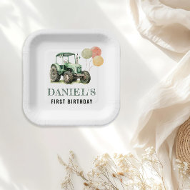 Plato De Papel Fiesta de cumpleaños de Watercolor Tractor