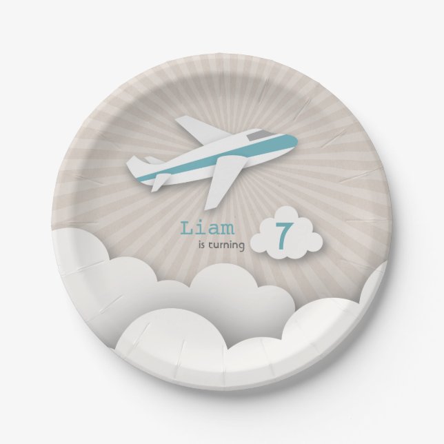 Plato De Papel Fiesta de cumpleaños del aeroplano - azul (Anverso)