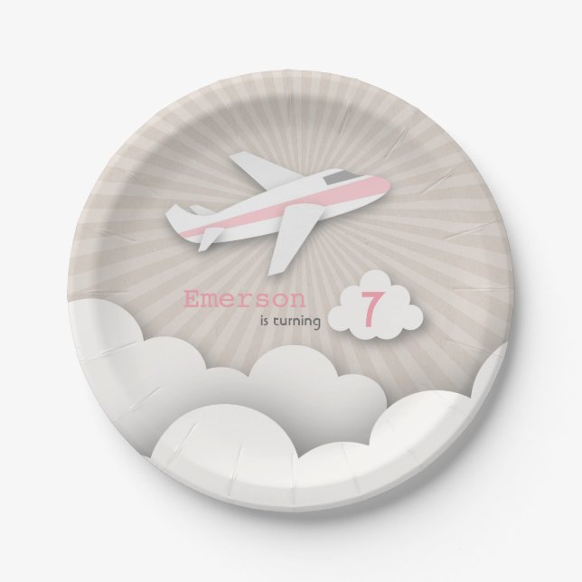 Plato De Papel Fiesta de cumpleaños del aeroplano - rosa (Anverso)