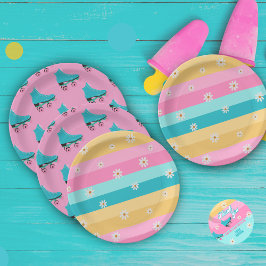 Plato De Papel Fiesta de cumpleaños del arco iris retro para pati