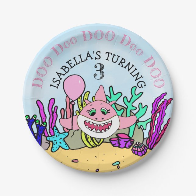 Plato De Papel Fiesta de cumpleaños del Chica Baby Shark (Anverso)